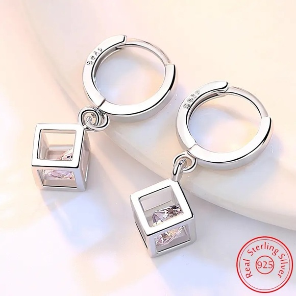 925 Sterling Silver Crystal Hollow Square Box Drop Earrings - Picture 2 of 8